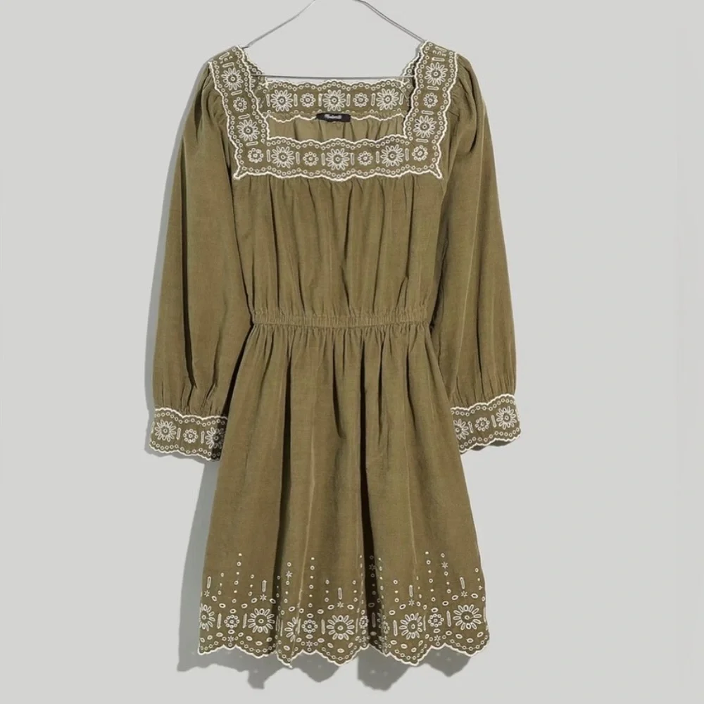 NWT Madewell Embroidered Corduroy Square-Neck Mini Dress - Green - Medium Petite - Picture 1 of 11
